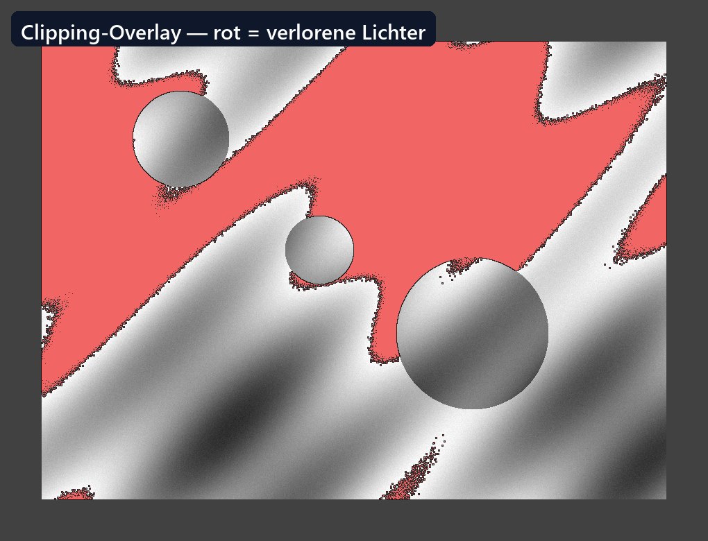 Clipping-Overlay von ArchivQA: rot markierte Bereiche zeigen verlorene, voll gesättigte Lichter im Scan
